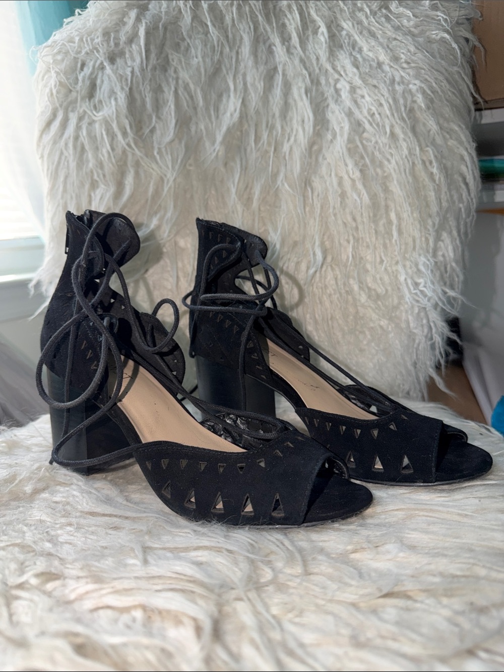 Nine West Black Lace-Up Peep Toe Block Heels